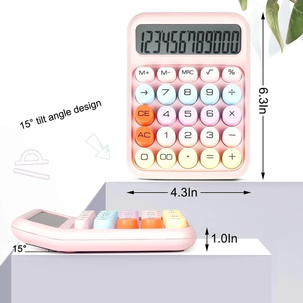 Valkyrie Renkli Çok Şirin 12 Hane Mekanik Hesap Makinası Büyük Ekranlı 4 Fonksiyonlu Ev Ofis Okul Pembe - 3