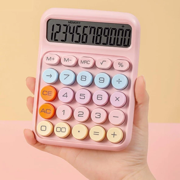 Valkyrie Renkli Çok Şirin 12 Hane Mekanik Hesap Makinası Büyük Ekranlı 4 Fonksiyonlu Ev Ofis Okul Pembe - 6