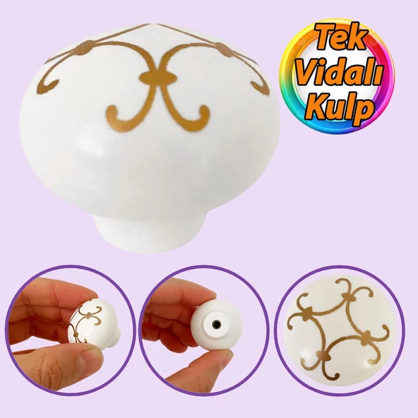 Defne Altın Çizgili Beyaz Polimer Düğme Kulp Mantar Mobilya Mutfak Dolabı Çekmece Kulbu Kulpları