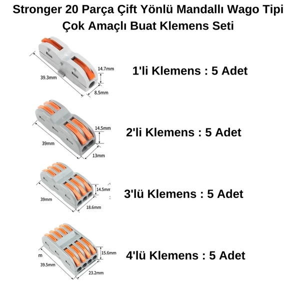Stronger 20 Parça Çift Yönlü Mandallı Wago Tipi Çok Amaçlı Buat Klemens Seti - 2