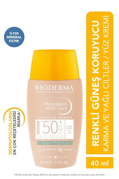 Bioderma Photoderm Nude Touch SPF50+ Very Light Karma Yağlı Ciltler Kapatıcı Etkili Renkli Güneş Kremi 40 ml