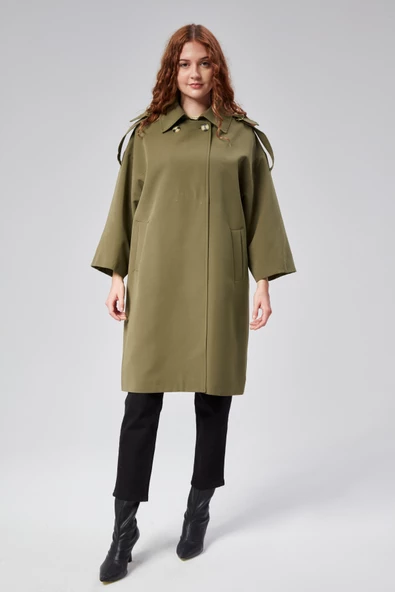 Kadın Oversize Astarlı Dokuma Trençkot - 3