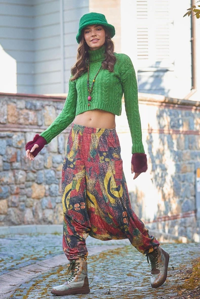 Lastikli Bel ve Paça Sarı Desenli Şalvar Pantolon - 4