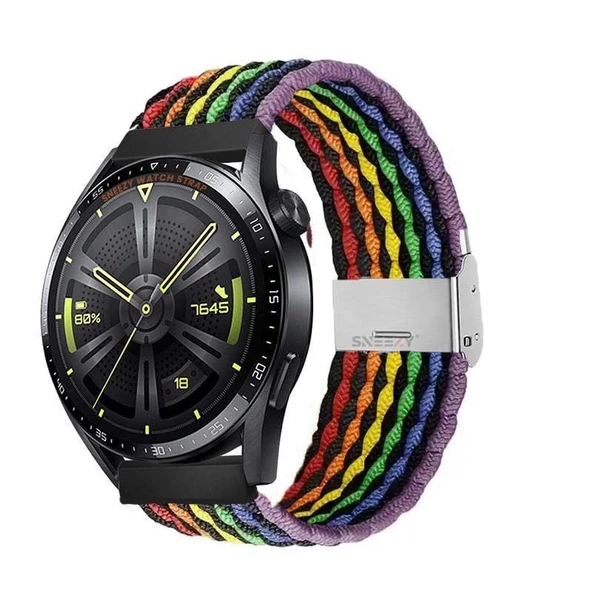 Huawei Watch GT3 Elite-Active 46mm-GT3 Pro-GT3 Se 22mm Uyumlu Metal Klips Solo Fiberlink Örgü Kordon  Gökkuşağı Siyah