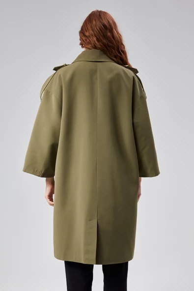 Kadın Oversize Astarlı Dokuma Trençkot - 8
