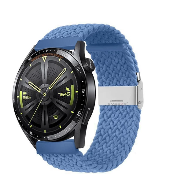 Sneezy Huawei Watch GT Runner-Sport 46mm- GT2 E 22mm Uyumlu Metal Klips Solo Fiberlink Örgü Kordon  Mavi Açık