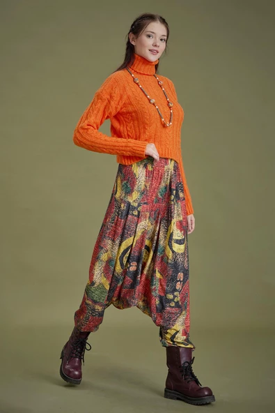 Lastikli Bel ve Paça Sarı Desenli Şalvar Pantolon - 6