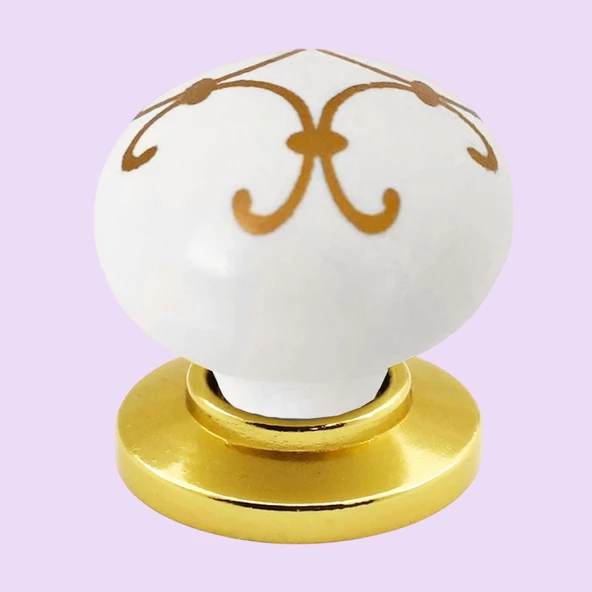 Defne Altın Çizgili Beyaz Polimer Düğme Kulp Altın Tablalı Mobilya Mutfak Dolabı Çekmece Kulbu Kulpları - Resim 5