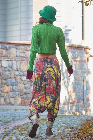 Lastikli Bel ve Paça Sarı Desenli Şalvar Pantolon - 5