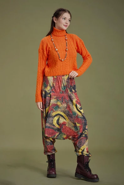 Lastikli Bel ve Paça Sarı Desenli Şalvar Pantolon - 8