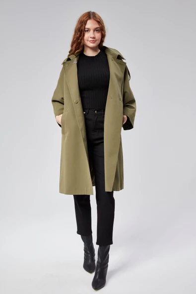 Kadın Oversize Astarlı Dokuma Trençkot - 9