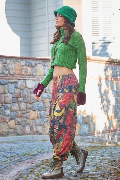 Lastikli Bel ve Paça Sarı Desenli Şalvar Pantolon - 3