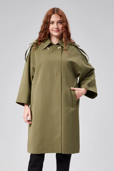 Kadın Oversize Astarlı Dokuma Trençkot - 4