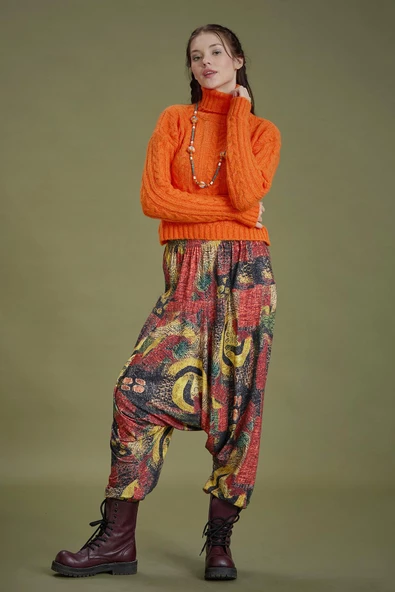 Lastikli Bel ve Paça Sarı Desenli Şalvar Pantolon - 7