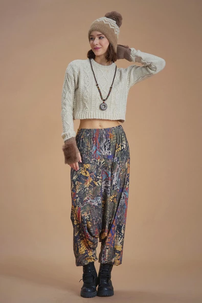 Lastikli Bel ve Paça Kahve Desenli Şalvar Pantolon - 3