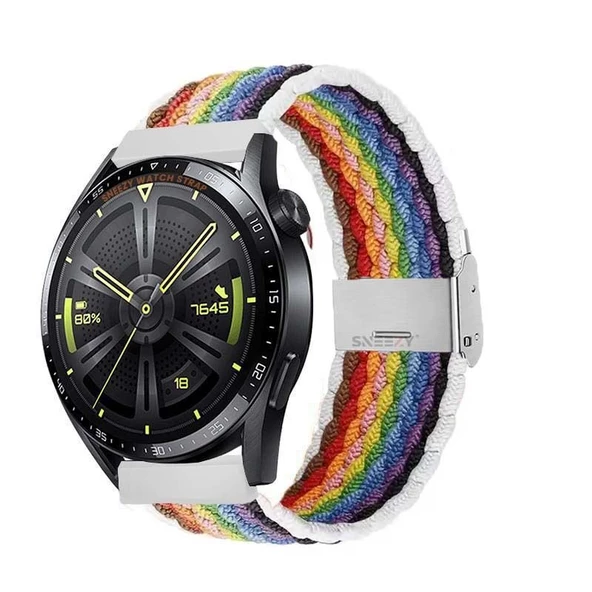 Huawei Watch GT3 Elite-Active 46mm-GT3 Pro-GT3 Se 22mm Uyumlu Metal Klips Solo Fiberlink Örgü Kordon  Beyaz Gökkuşağı