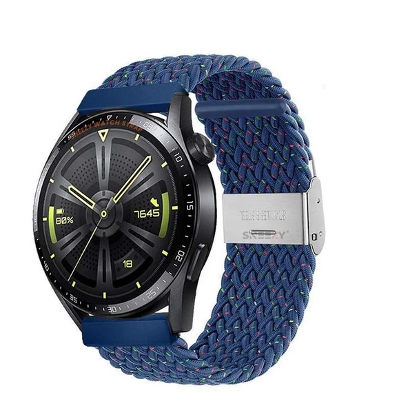 Huawei Watch GT3 Elite-Active 46mm-GT3 Pro-GT3 Se 22mm Uyumlu Metal Klips Solo Fiberlink Örgü Kordon  Mavi Gökkuşağı