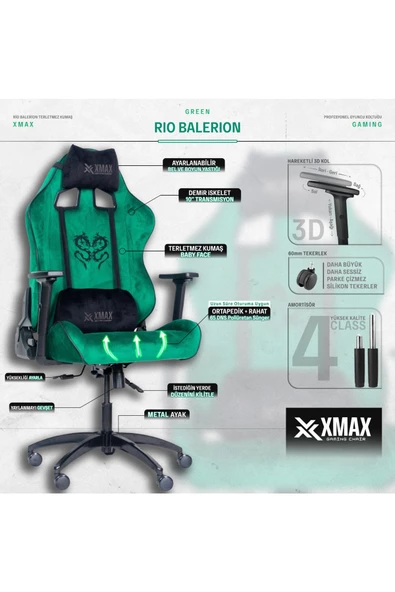 XMAX Rio Balerion Komple Baby Face Terletmez Kumaş Ultra Hissiyat Profesyonel Yeşil Oyuncu Koltuğu - Resim 2