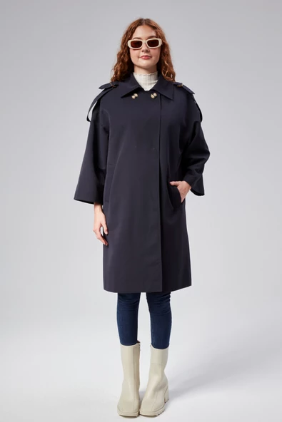 Kadın Oversize Astarlı Dokuma Trençkot - 11