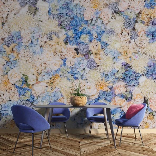 Beyaz Mavi Çiçek Desenli Duvar Kağıdı - Resim 5