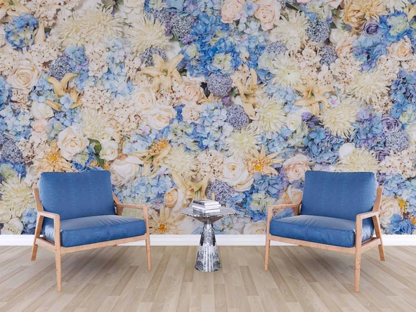 Beyaz Mavi Çiçek Desenli Duvar Kağıdı - Resim 6