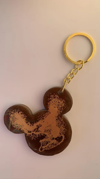 Kahverengi Renk Gold Süslemeli Gold Aksesuarlı Mickey Mouse Şekil Epoksi Anahtarlık El Yapımı Hediyelik