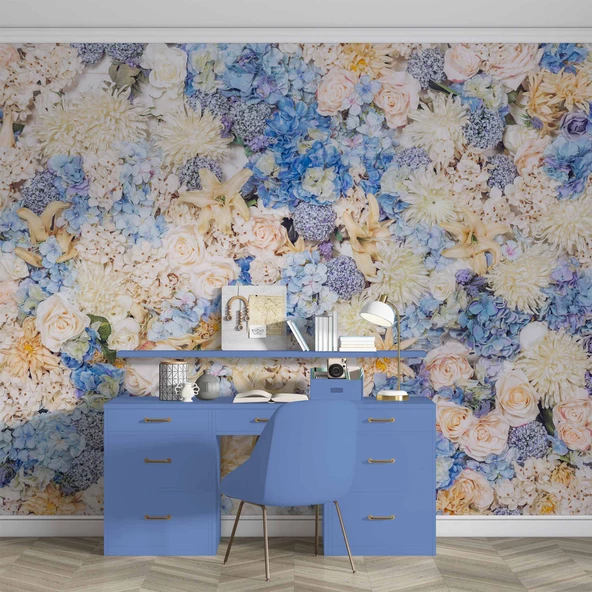 Beyaz Mavi Çiçek Desenli Duvar Kağıdı - Resim 4