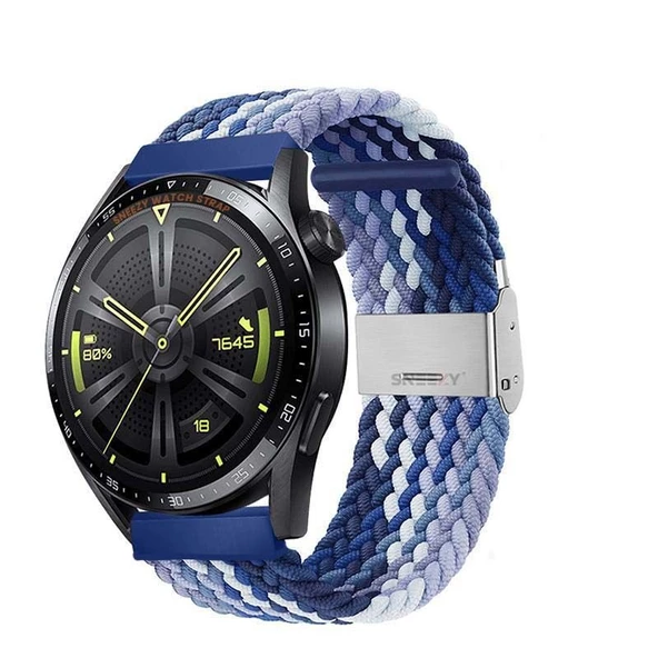 Sneezy Huawei Watch Gt4 46mm İle Uyumlu 22mm Metal Klips Solo Fiberlink Örgü Kordon  Mavi Beyaz