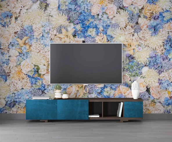 Beyaz Mavi Çiçek Desenli Duvar Kağıdı - Resim 3