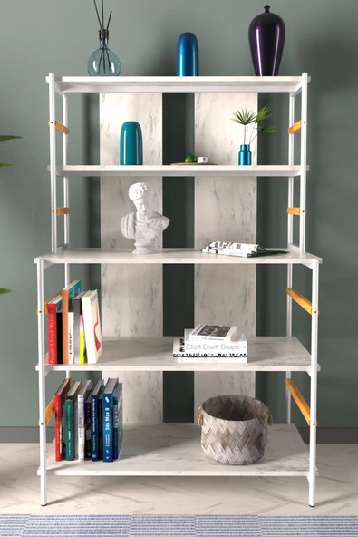 VİLİNZE Rafito Metal & Ahşap Bohem 5 Raflı MDF Çok Amaçlı Kahve Köşesi Kitaplık - 2