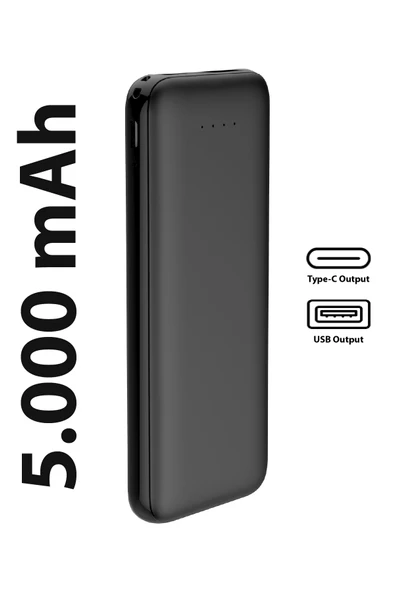 Thin 5B Slim Ultra ince 5000mAh Powerbank Taşınabilir Şarj Cijhazı Type-C / USB / Total Output 2.1A max - 12