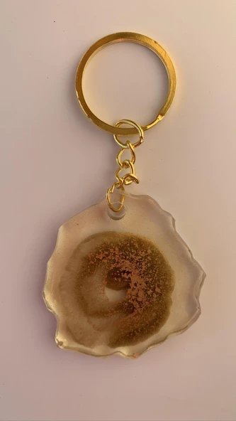 Transparan Sarı Renkli Gold Süslü Gold Aksesuarlı Karışık Desenli Epoksi Anahtarlık El Yapımı Hediyelik - 8