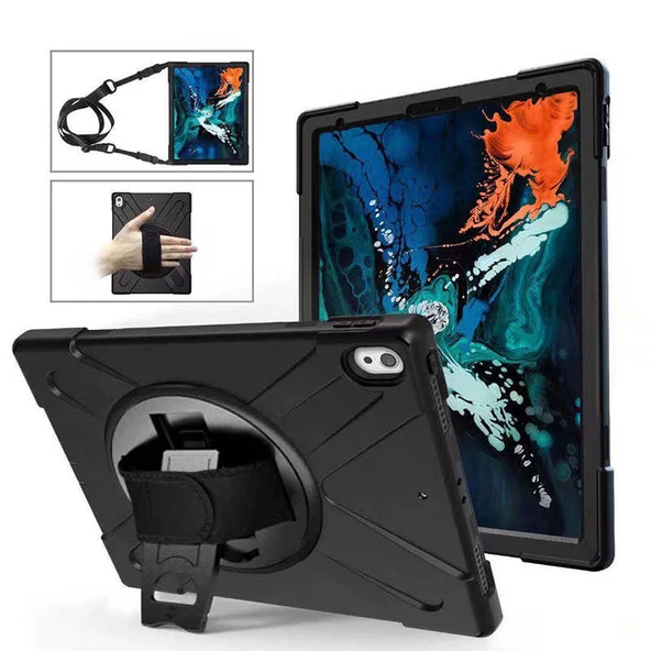 Apple iPad Pro 12.9 2018 (3.Nesil) Kılıf - Tablet Kılıfı Boyun ip Askılı El Tutmaçlı Koruyucu Zırh Tank Defender Kılıf