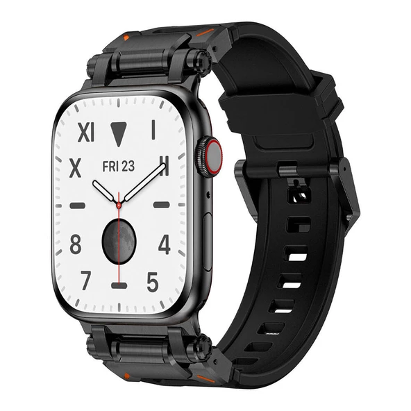 Apple Watch 7 45mm - Kordon Titanyum Metal Başlıklı Silikon Kordon KRD-101