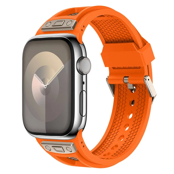 Apple Watch 42mm - Kordon Hava Alabilen Delikli Metal Süslemeli Desenli Silikon Kordon KRD-117