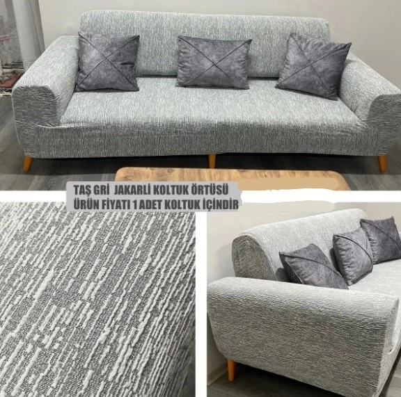 Jakarli 3kişilik Koltuk Örtüsü , Çekyat Kanepe Kılıfı (ÜRÜN İÇERİĞİ 1ADET) Krem Rengi - 2