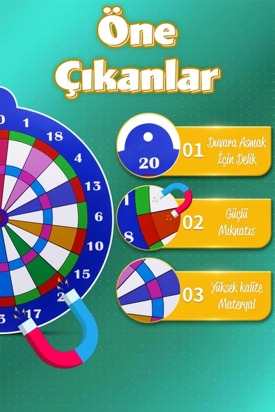 Mıknatıslı Dart Seti Mini Boy Dart Oyunu Duvara Zarar Vermeyen İğnesiz Dart Atma 3 Oklu Çap: 28 cm - 3