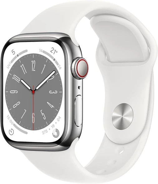 Apple Watch Series 8 GPS + Cellular 45mm Gümüş Paslanmaz Çelik Kasa ve Spor Kordon Akıllı Saat - Teşhir