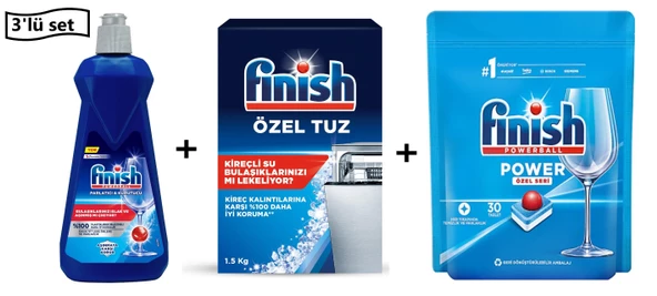 Finish Bulaşık Makinesi Tuzu 1.5 kg +Finish Parlatıcı 400 ml +Finish Power 30 Tablet Bulaşık Makinesi Kapsülü (3'lü Set)