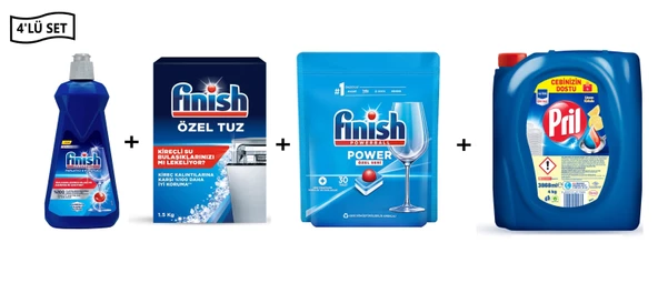 Finish Bulaşık Makinesi Tuzu 1.5 kg+Finish Parlatıcı 400 ml+Finish Power 30 Tablet Bulaşık Kapsülü+Pril 4 Kg Sıvı Deterjan(4'lü Set)