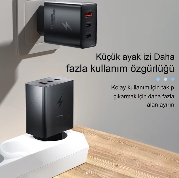 Type C & Type A Hizli Sarj Aleti Uclu 2xType C- Usb (65W - 25W - 15W)ADAPTÖR - 3