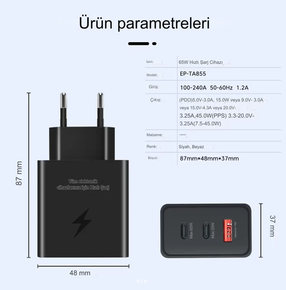 Type C & Type A Hizli Sarj Aleti Uclu 2xType C- Usb (65W - 25W - 15W)ADAPTÖR - 4