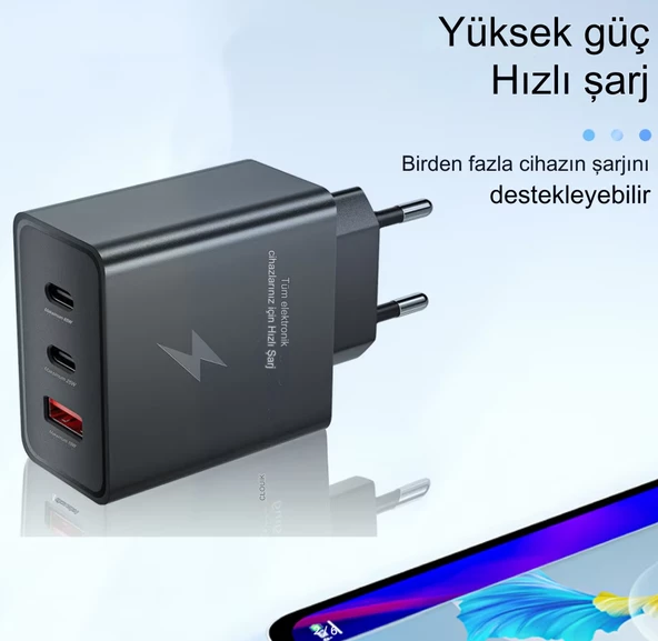 Type C & Type A Hizli Sarj Aleti Uclu 2xType C- Usb (65W - 25W - 15W)ADAPTÖR - 2