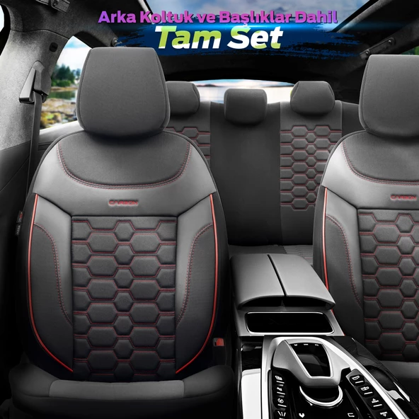 Otom Yeni Carbon Design 3D Dokulu Kumaş Oto Koltuk Kılıfı Tam Set Siyah-Kırmızı - 2
