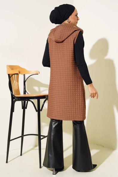 Kapüşonlu Kapitone Yelek Taba - Resim 3