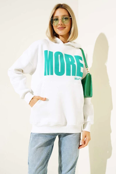 More Baskılı Şardonlu Sweatshirt Ekru - 2