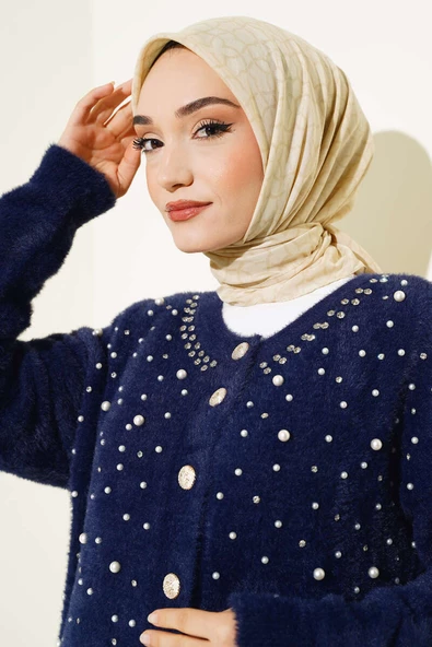 Çiçek Motif Desen Yazma Eşarp Latte - 2