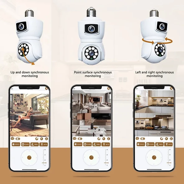 Ampul Wifi Kamera Çift Lens IP 2 Yönlü Ses Otomatik İzleme AI İnsansı Algılama - 4