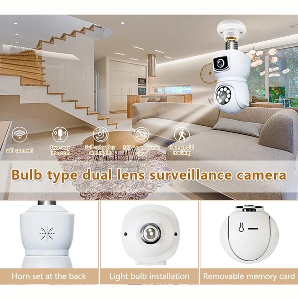 Ampul Wifi Kamera Çift Lens IP 2 Yönlü Ses Otomatik İzleme AI İnsansı Algılama - 5