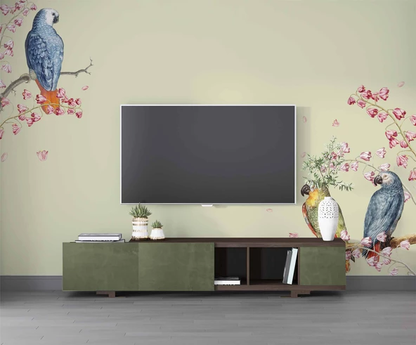 Papağan ve Ağaç Dalı Temalı Duvar Kağıdı - Resim 3